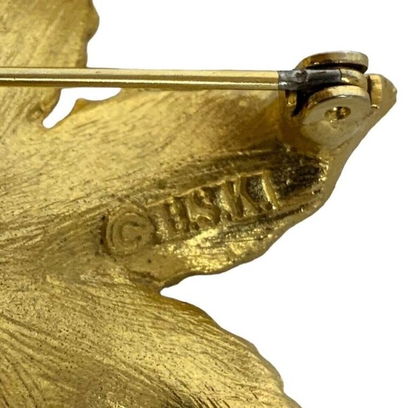 BSK Flower Leaf Brooch Brushed White Faux Gold Pearls Rhinestones Vtg 1950s 60s - Picture 3 of 3